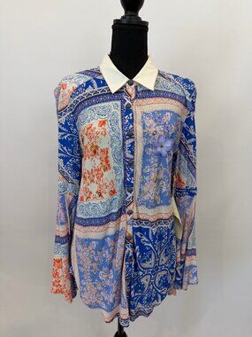 Aratta Silent Journey Cobalt Blue Patchwork Paisley Bell Sleeve Shirt M NWT